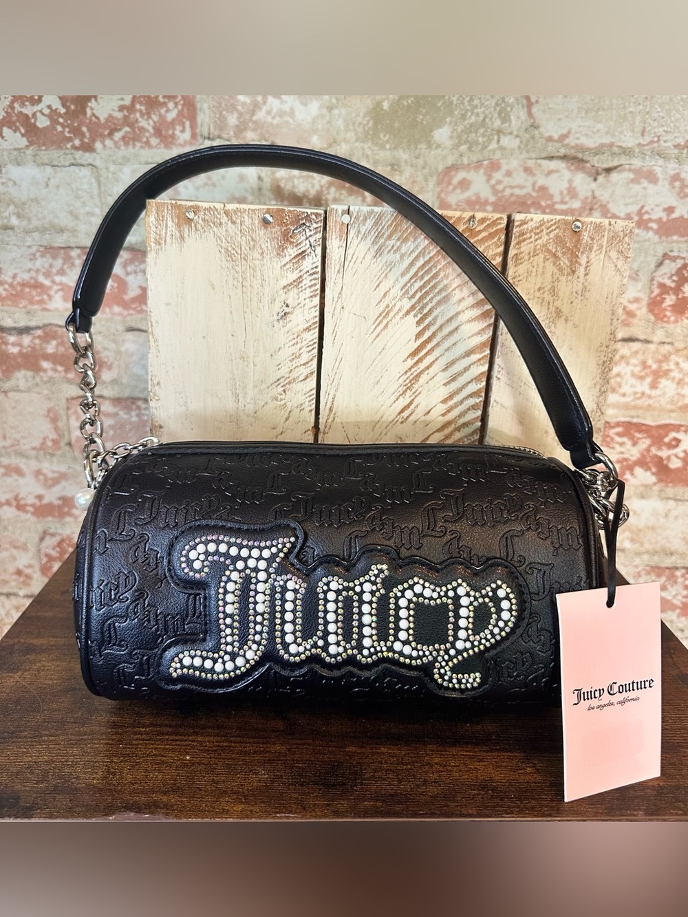 Juicy Couture Black Embossed Barrel Bag – Rhinestone & Pearl Logo